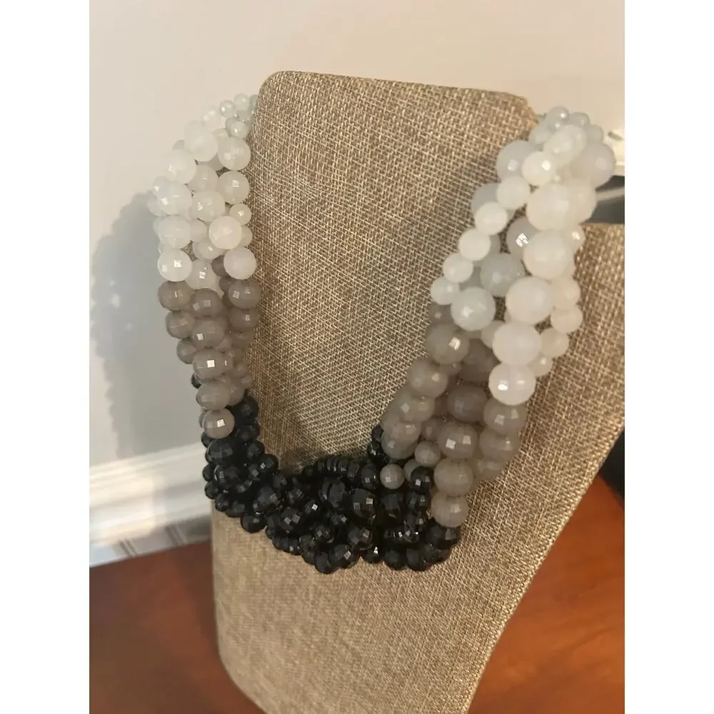 Multi Strand Ombre Bead Necklace Black Gray White Gradient Statement 18 Inch
